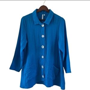 Lulu B Blue Button Front Tunic Jacket Rayon Pockets Lagenlook Womens Size S